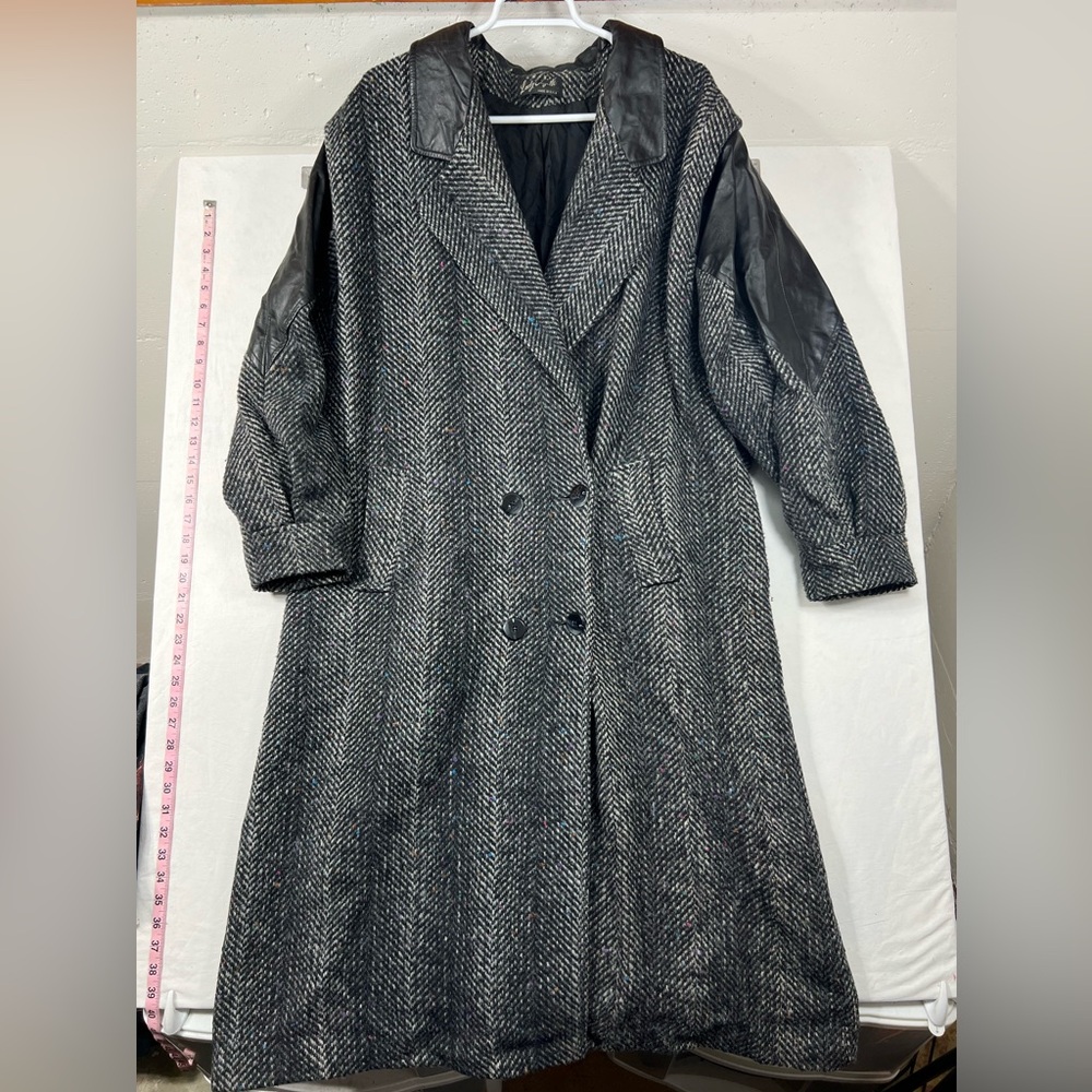 Vintage Lady Suzette Grey and Black Heavy Woven Wool Winter Trench Coat